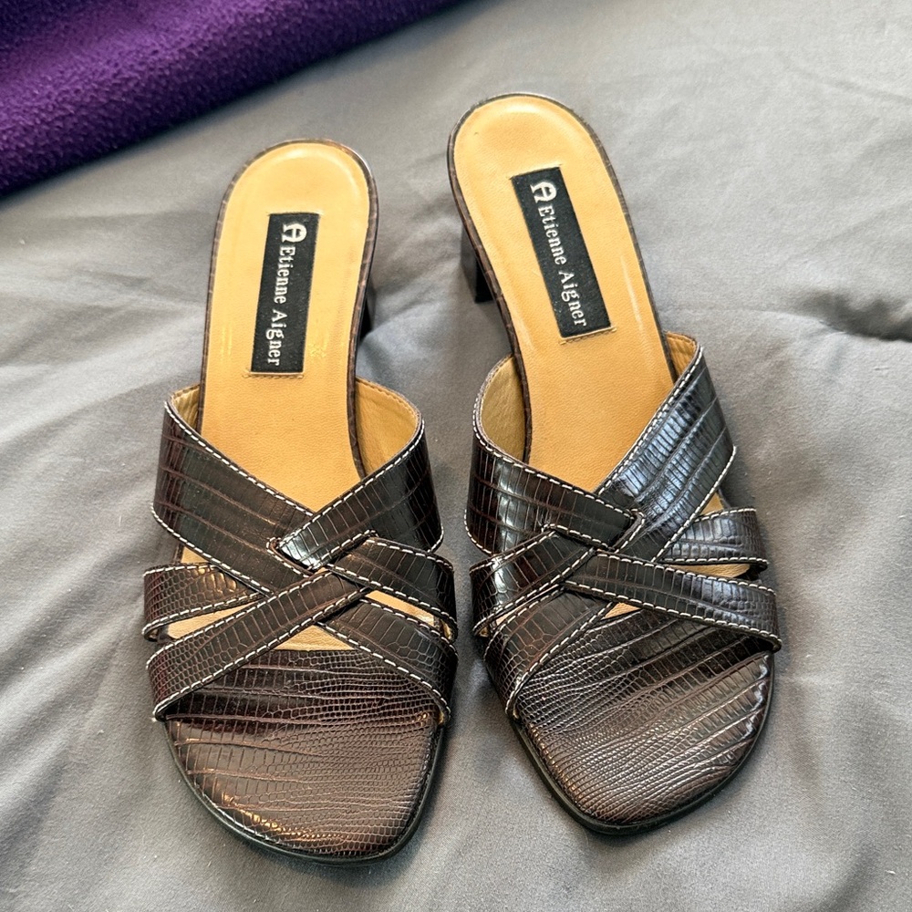 Etienne Aigner Textured Black Slide Sandals